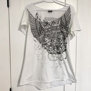 Harley Davidson Motorcycles Womens T Shirt Angel Wings Print Rhinestones Size XL
